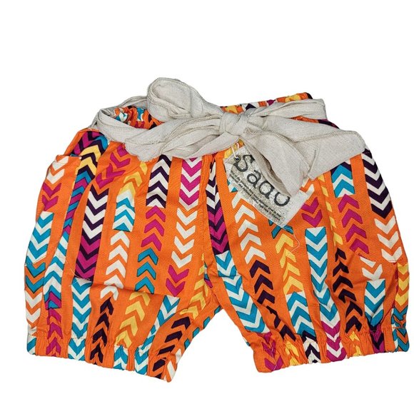 Sado NWT orange geometric colorfull shorts with tan tie belt summer spring sz 6 - Picture 2 of 8